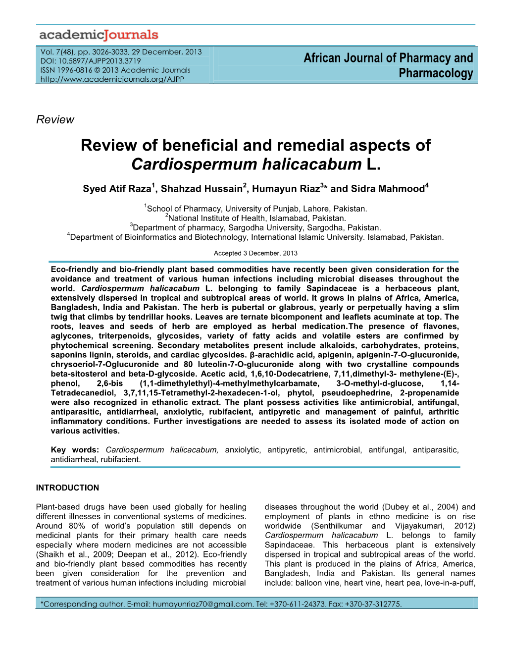 Review of Beneficial and Remedial Aspects of Cardiospermum Halicacabum L