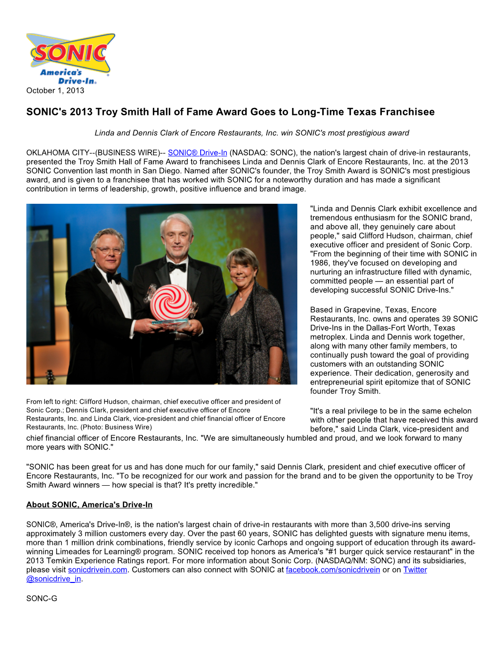 SONIC's 2013 Troy Smith Hall of Fame Award Goes to Long-Time Texas Franchisee