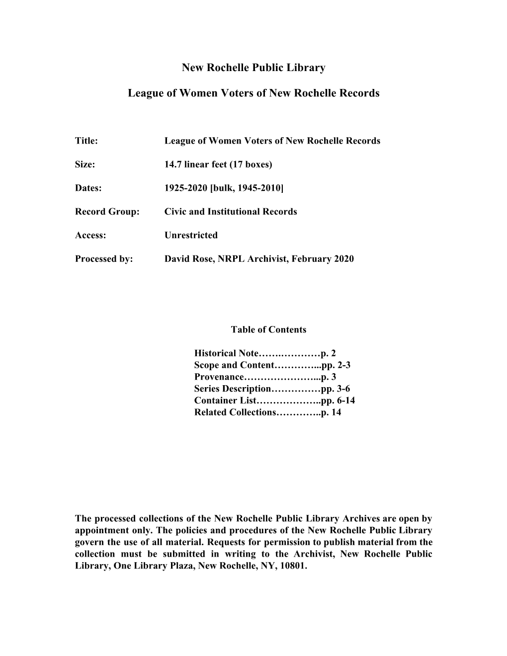 New Rochelle Public Library League of Women Voters of New Rochelle