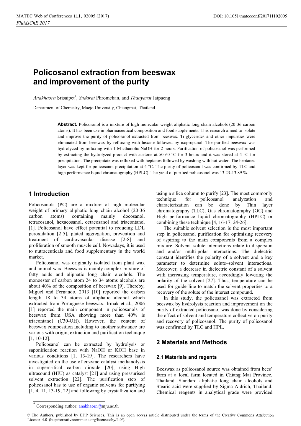 Policosanol Extraction from Beeswax and Improvement of the Purity