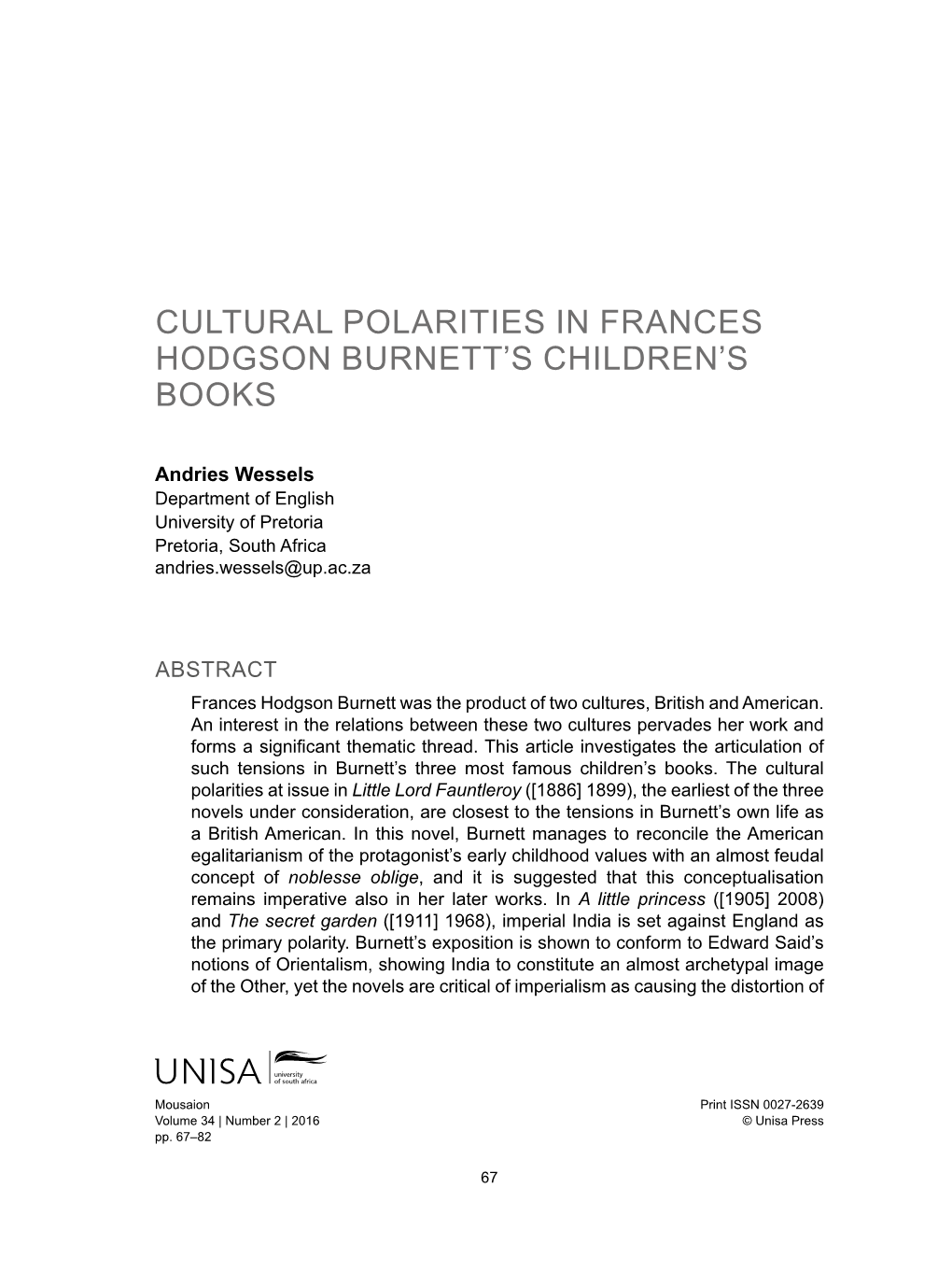 Cultural Polarities in Frances Hodgson Burnett's