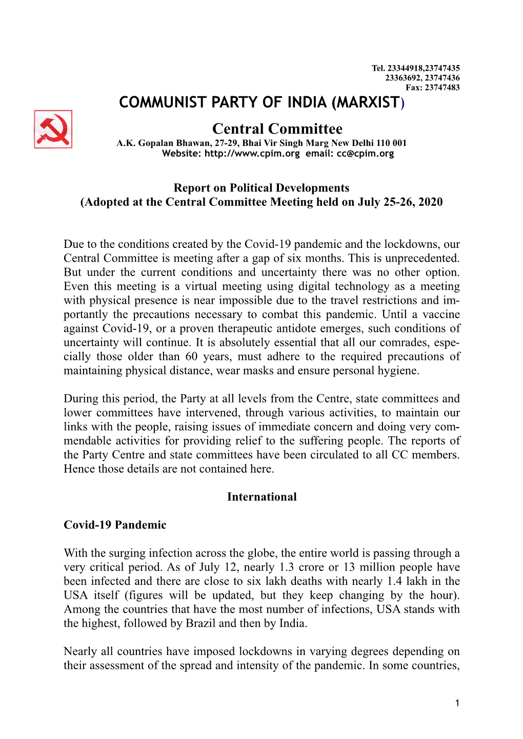 COMMUNIST PARTY of INDIA (MARXIST) Central Committee A.K