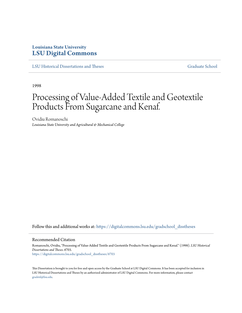Processing of Value-Added Textile and Geotextile Products from Sugarcane and Kenaf