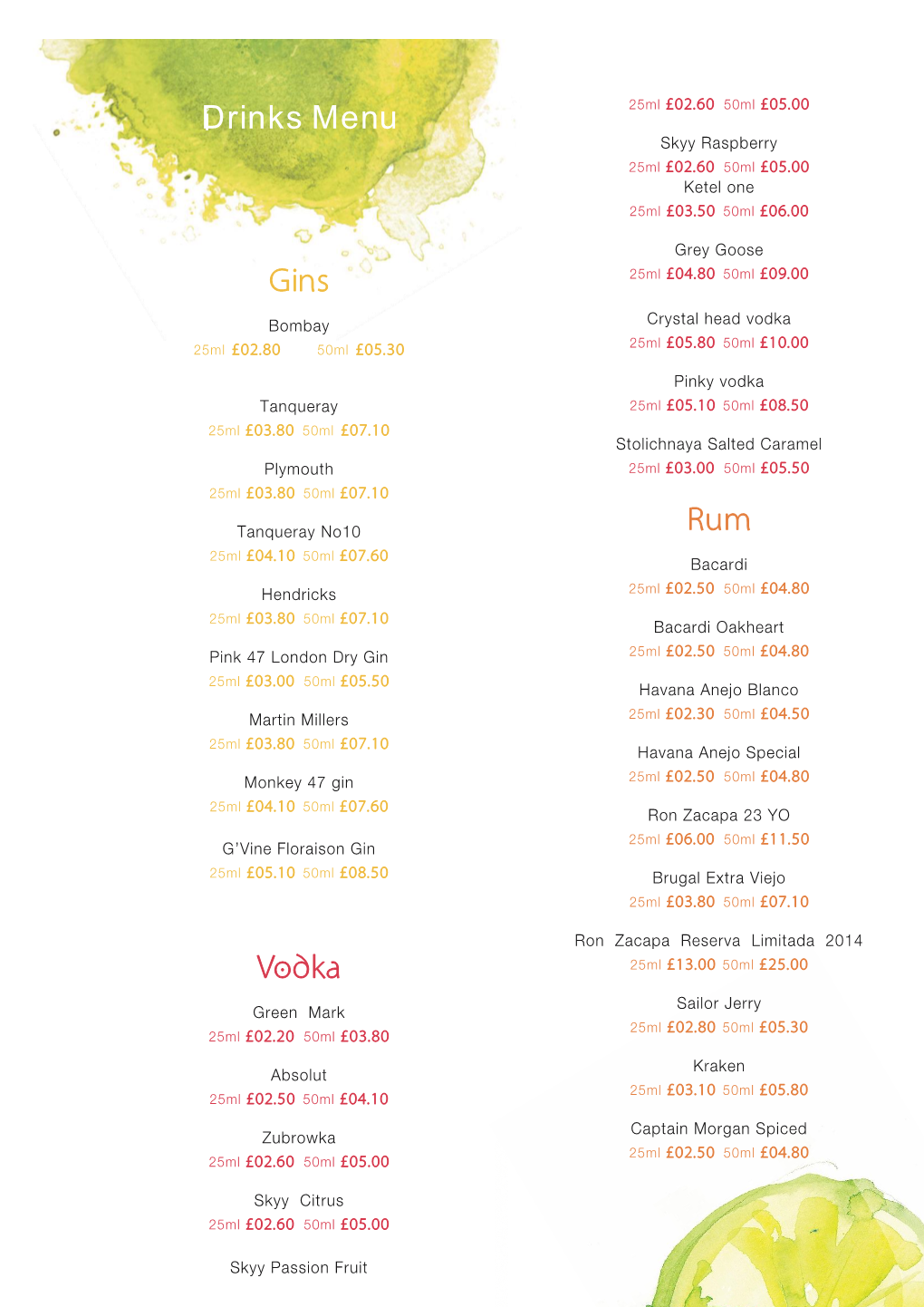 Drinks Menu Gins Vodka