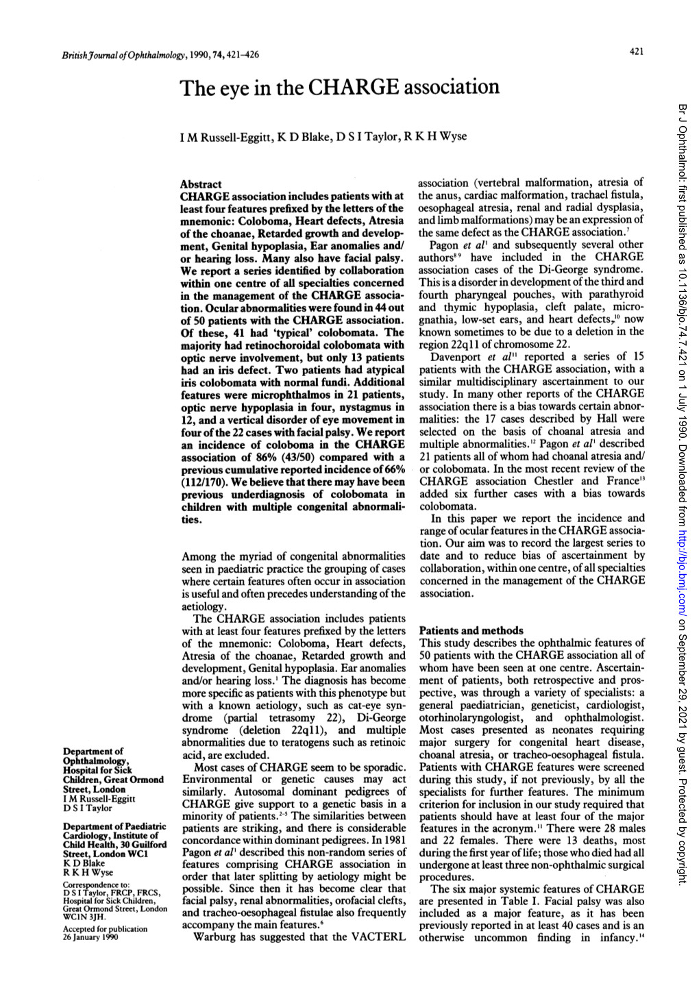 The Eye in the CHARGE Association Br J Ophthalmol: First Published As 10.1136/Bjo.74.7.421 on 1 July 1990