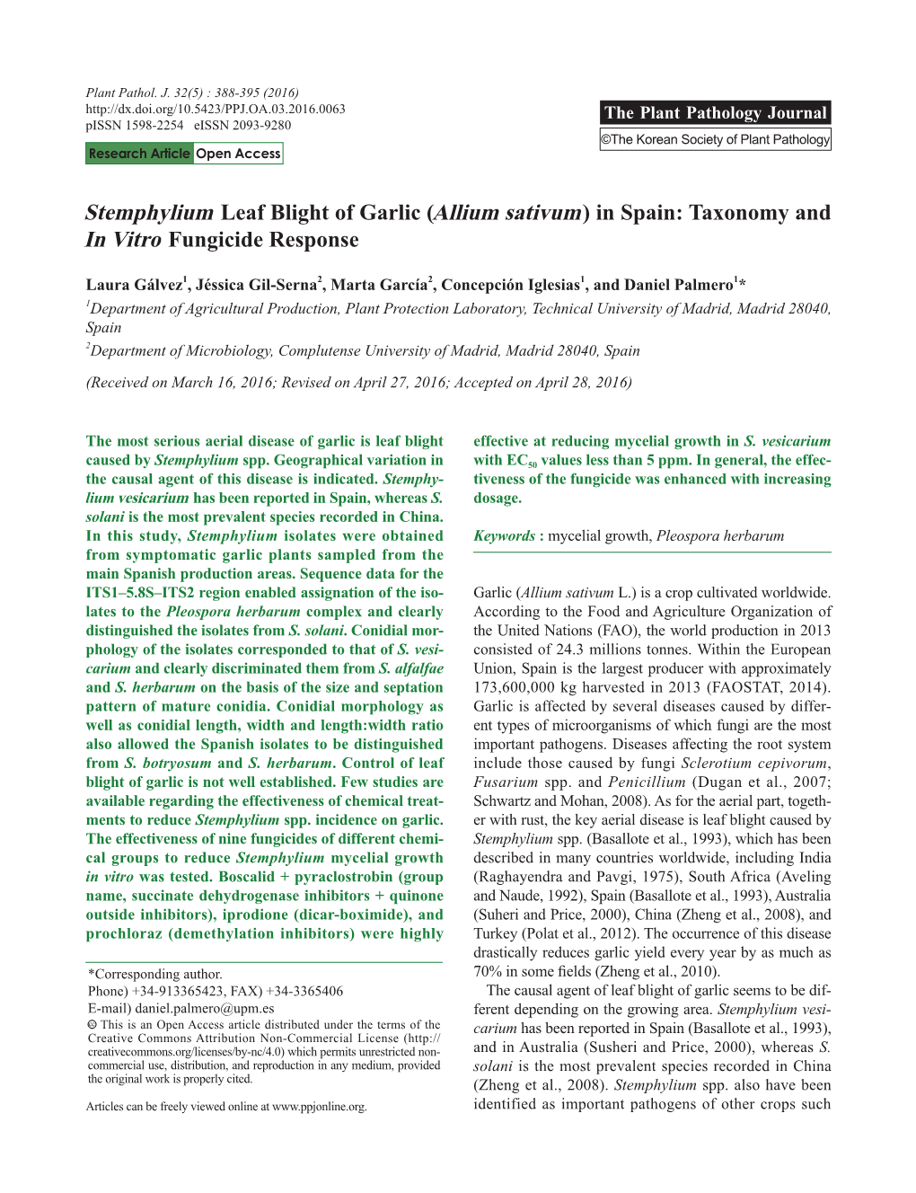 Stemphylium Leaf Blight of Garlic (Allium Sativum) in Spain: Taxonomy and in Vitro Fungicide Response