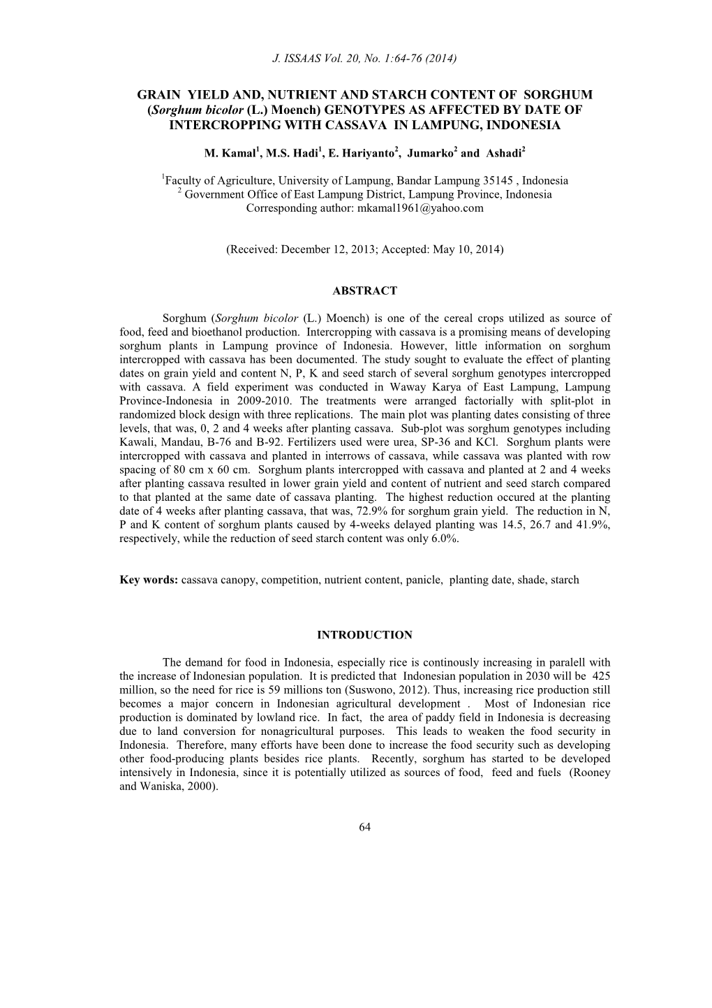 Grain Yield And, Nutrient and Starch Content of Sorghum