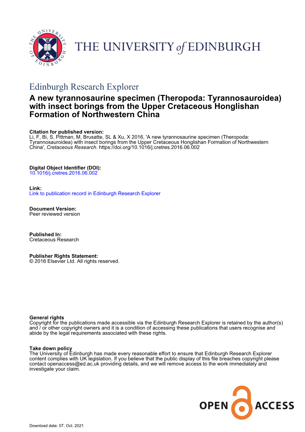 Edinburgh Research Explorer a New Tyrannosaurine Specimen (Theropoda: Tyrannosauroidea) with Insect Borings from the Upper Cretaceous Honglishan