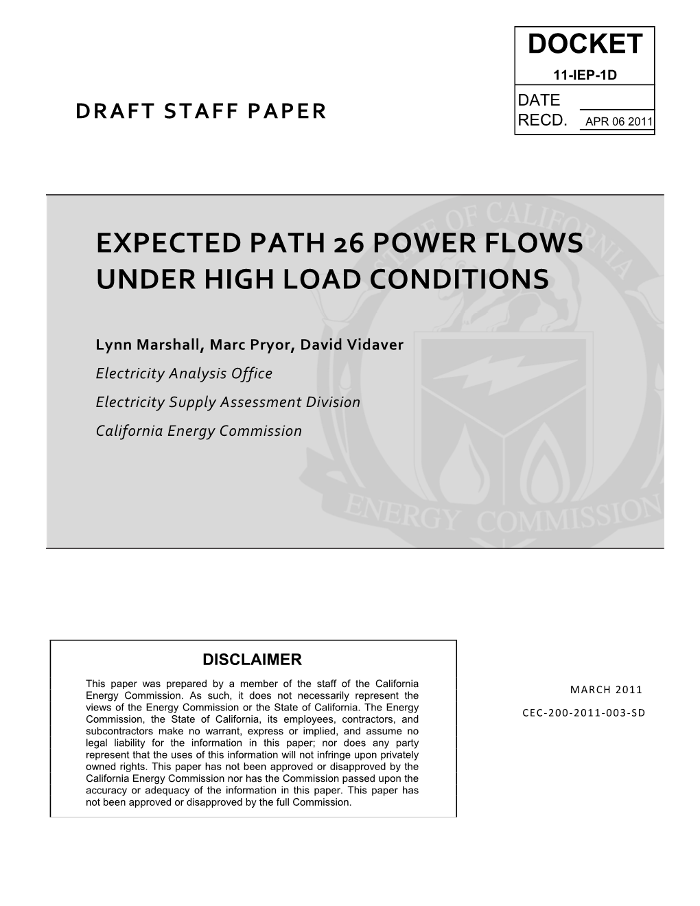 Expected Path 26 Power Flows Under High Load Conditions