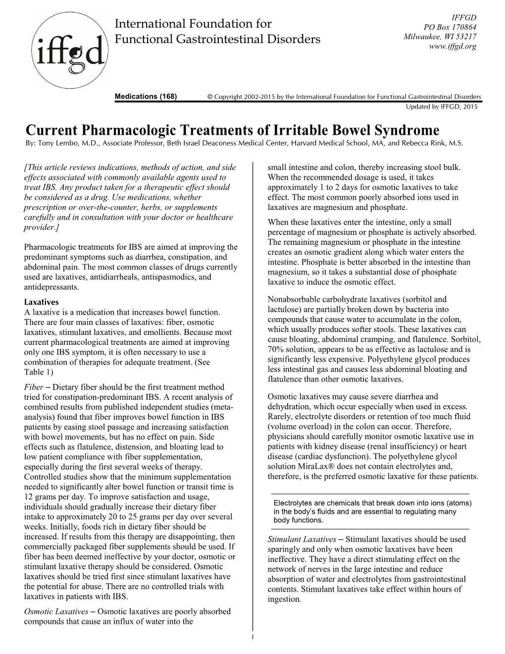 Current Pharmacologic Treatments of Irritable Bowel Syndrome