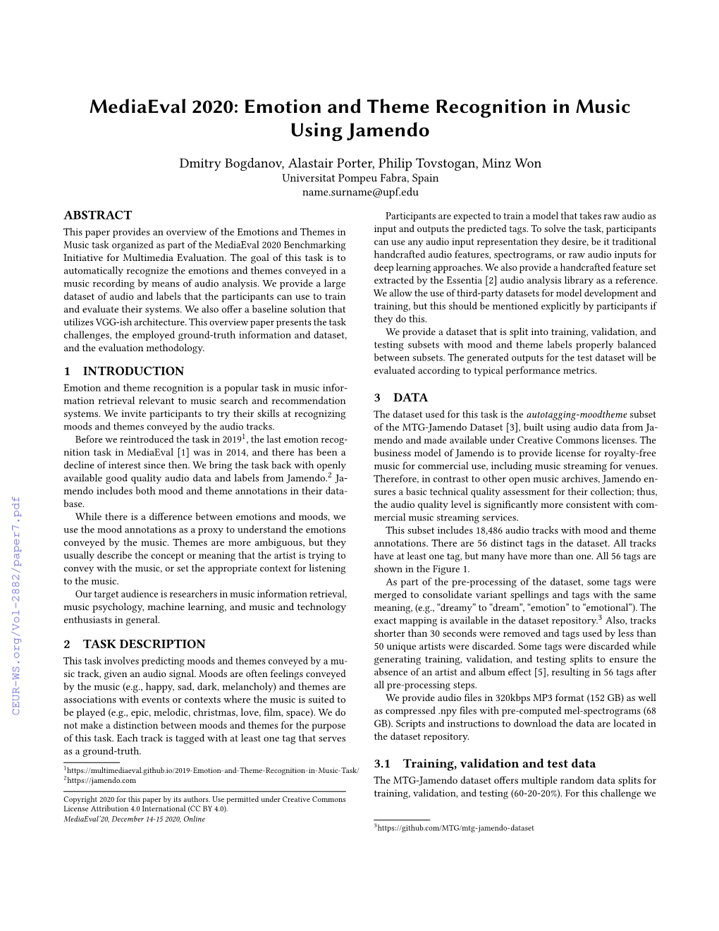 Mediaeval 2020: Emotion and Theme Recognition in Music Using Jamendo