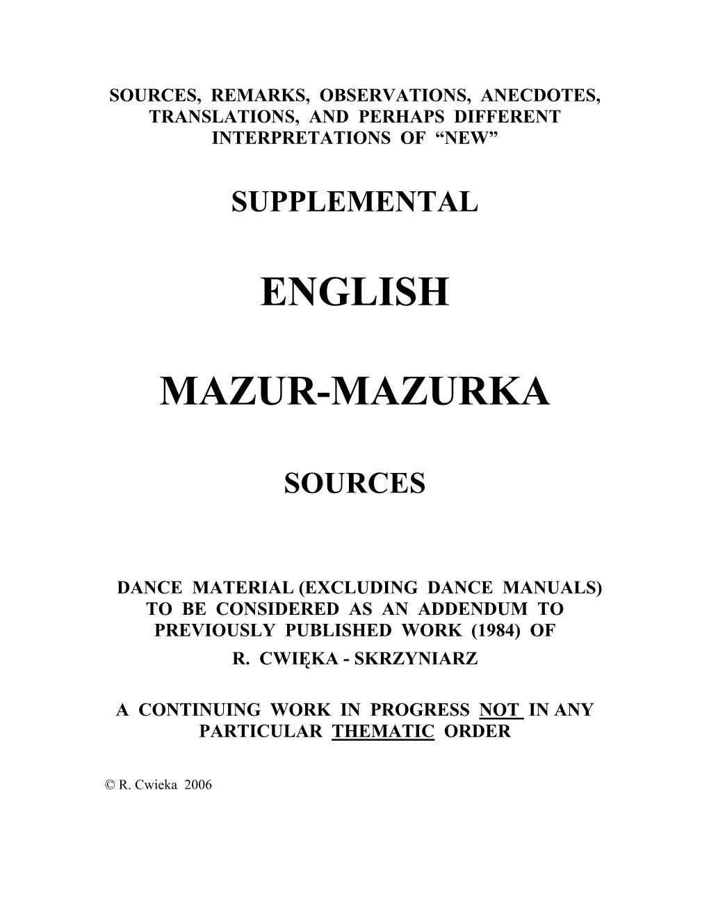 SUPPLEMENTAL ENGLISH MAZUR-MAZURKA SOURCES Ii