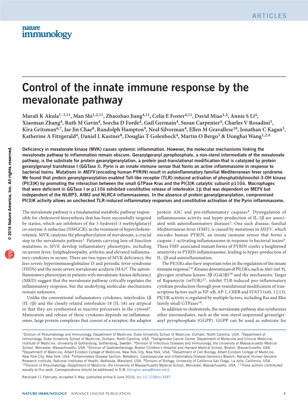 Control of the Innate Immune Response by the Mevalonate Pathway