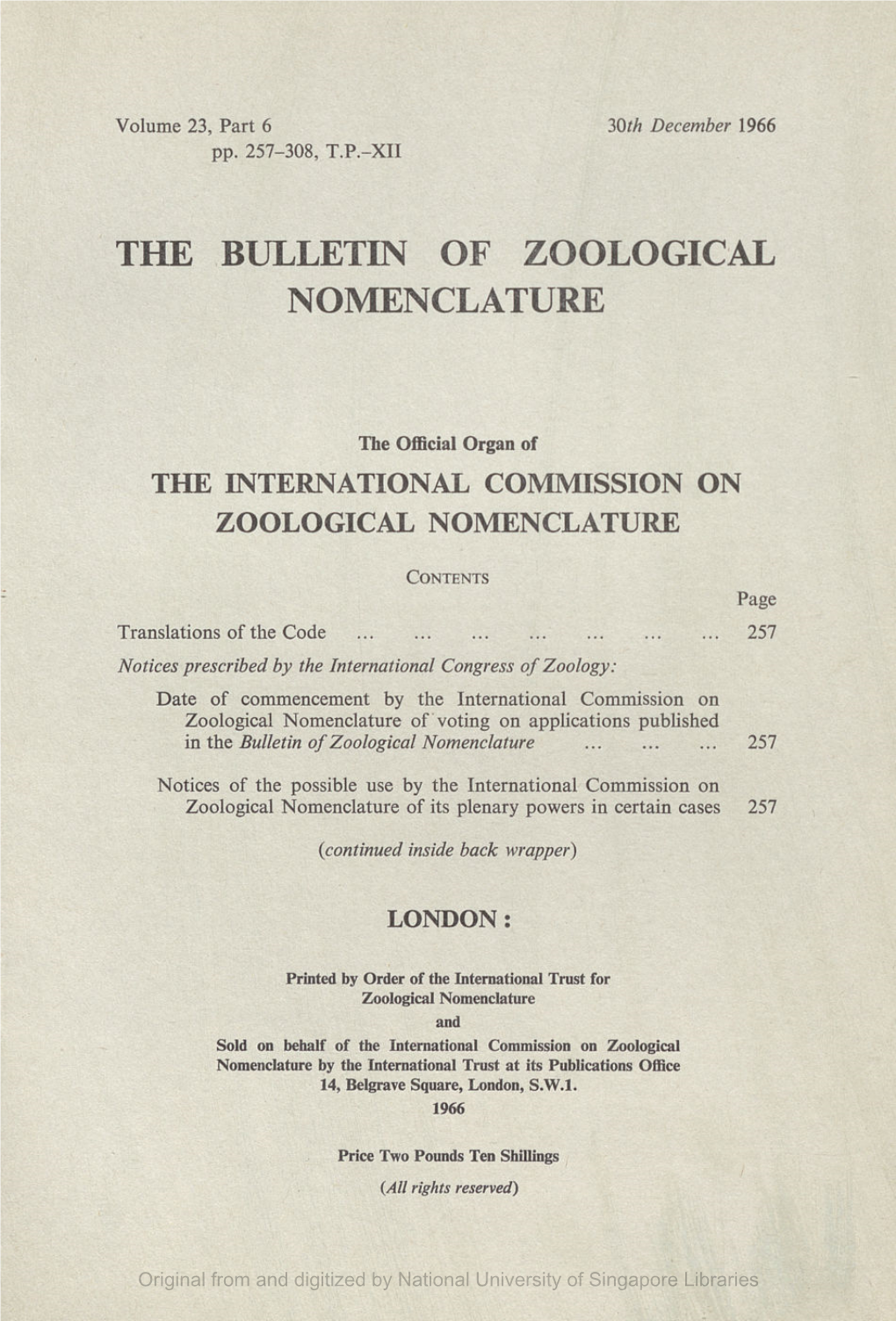 The Bulletin of Zoological Nomenclature, Vol.23, Part 6