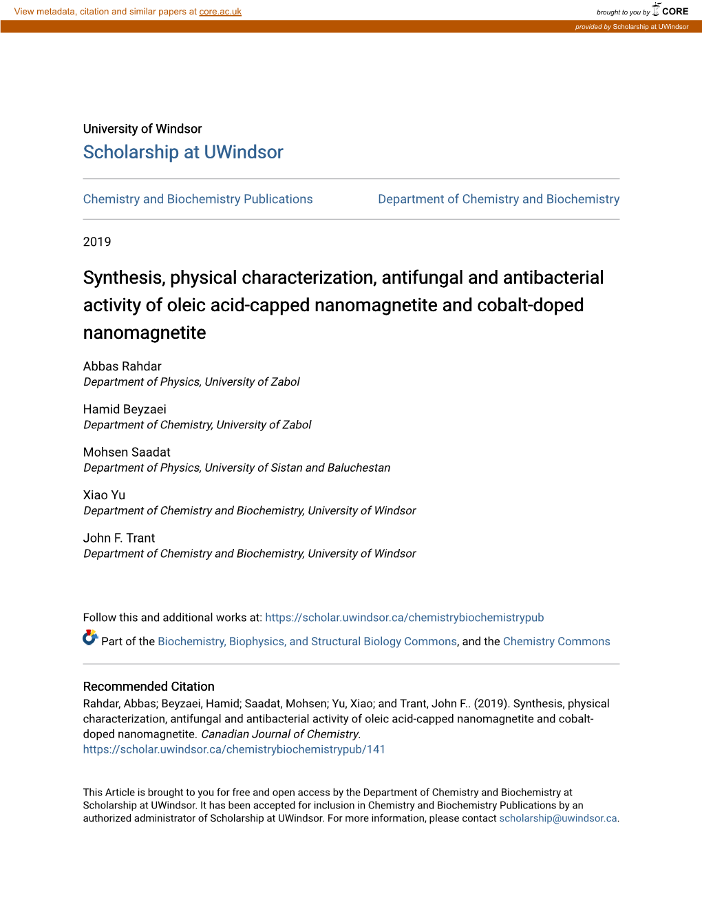 Synthesis, Physical Characterization, Antifungal and Antibacterial Activity of Oleic Acid-Capped Nanomagnetite and Cobalt-Doped Nanomagnetite