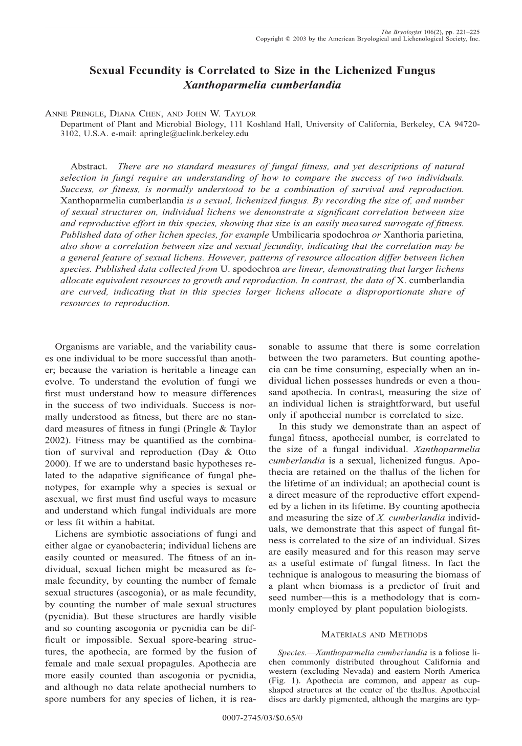 Sexual Fecundity Is Correlated to Size in the Lichenized Fungus Xanthoparmelia Cumberlandia