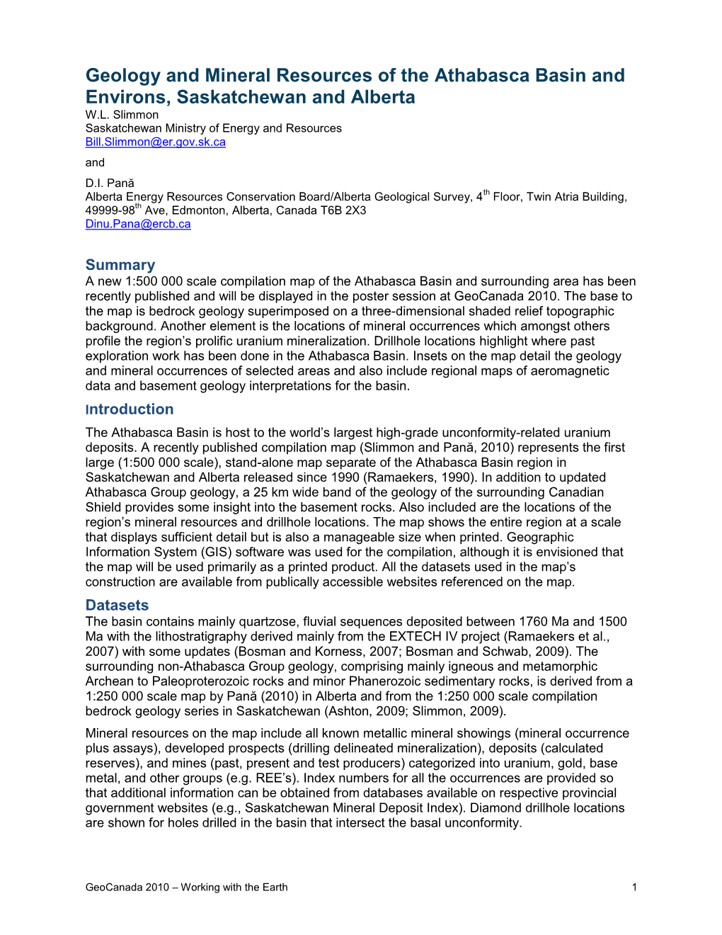 Geology and Mineral Resources of the Athabasca Basin and Environs, Saskatchewan and Alberta W.L
