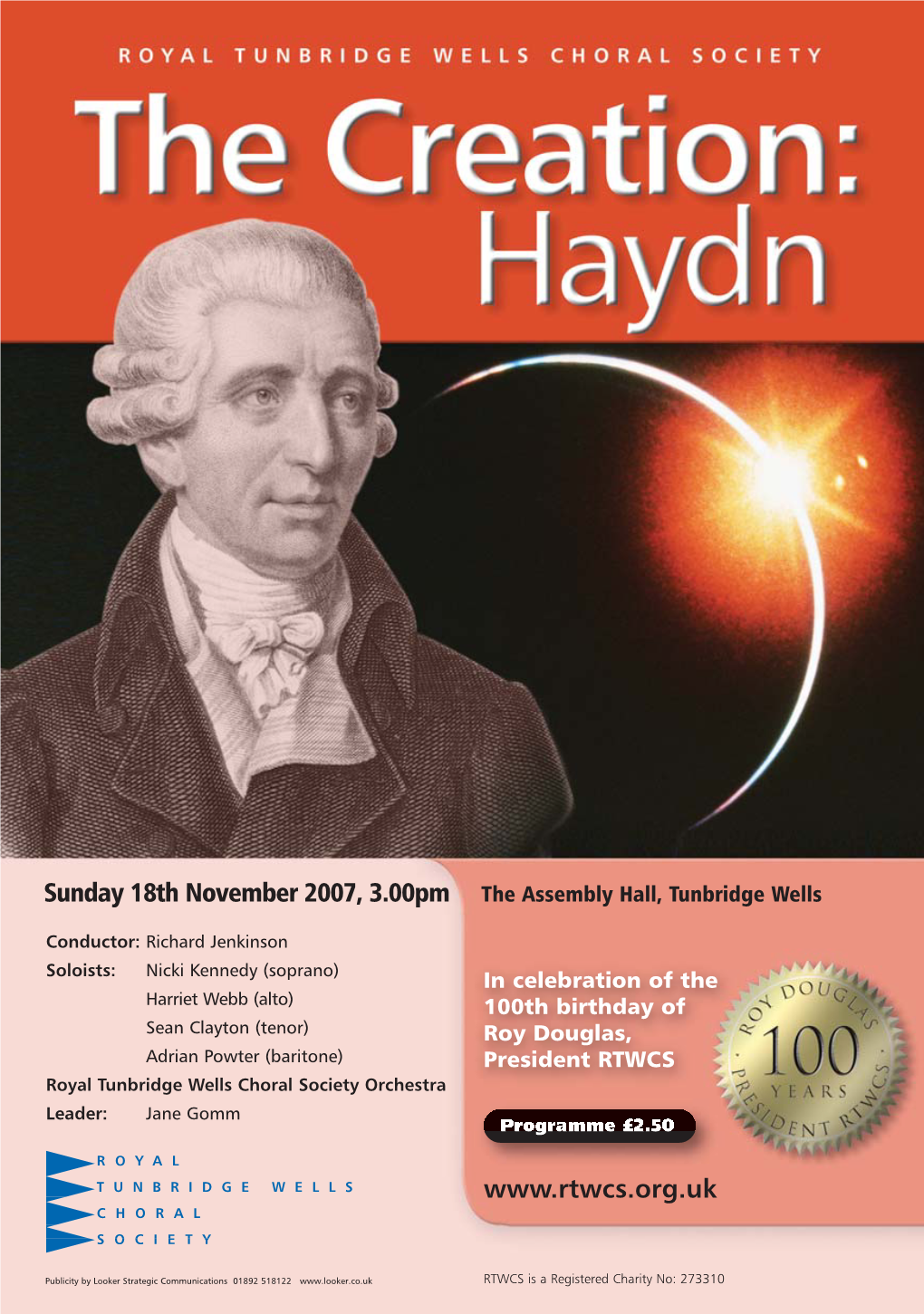 Douglas, Adrian Powter (Baritone) President RTWCS Royal Tunbridge Wells Choral Society Orchestra Leader: Jane Gomm Programme £2.50