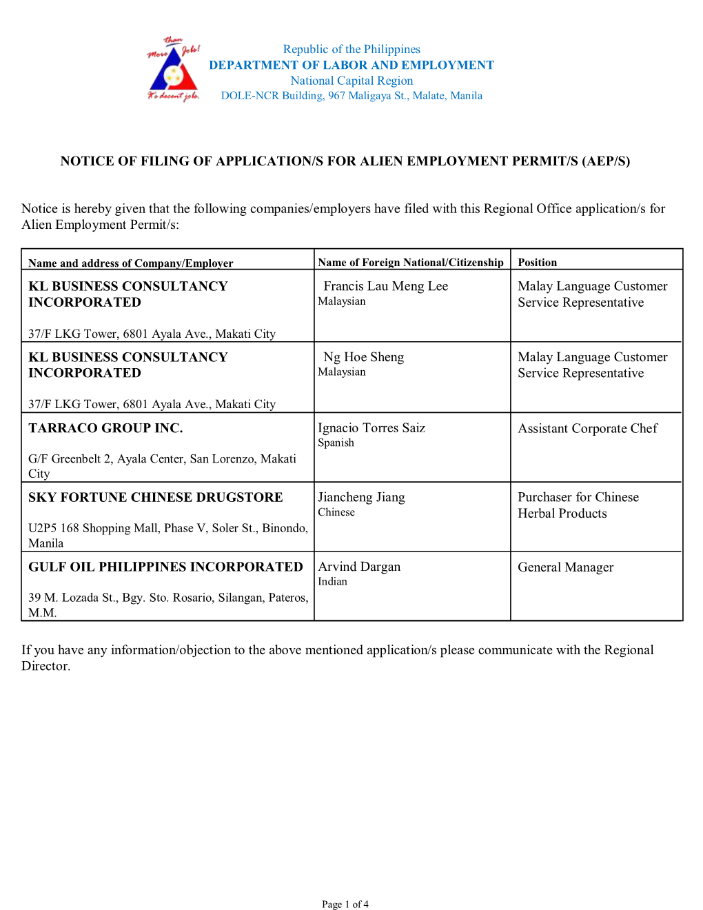 Notice of Filing of Application/S for Alien Employment Permit/S (Aep/S)