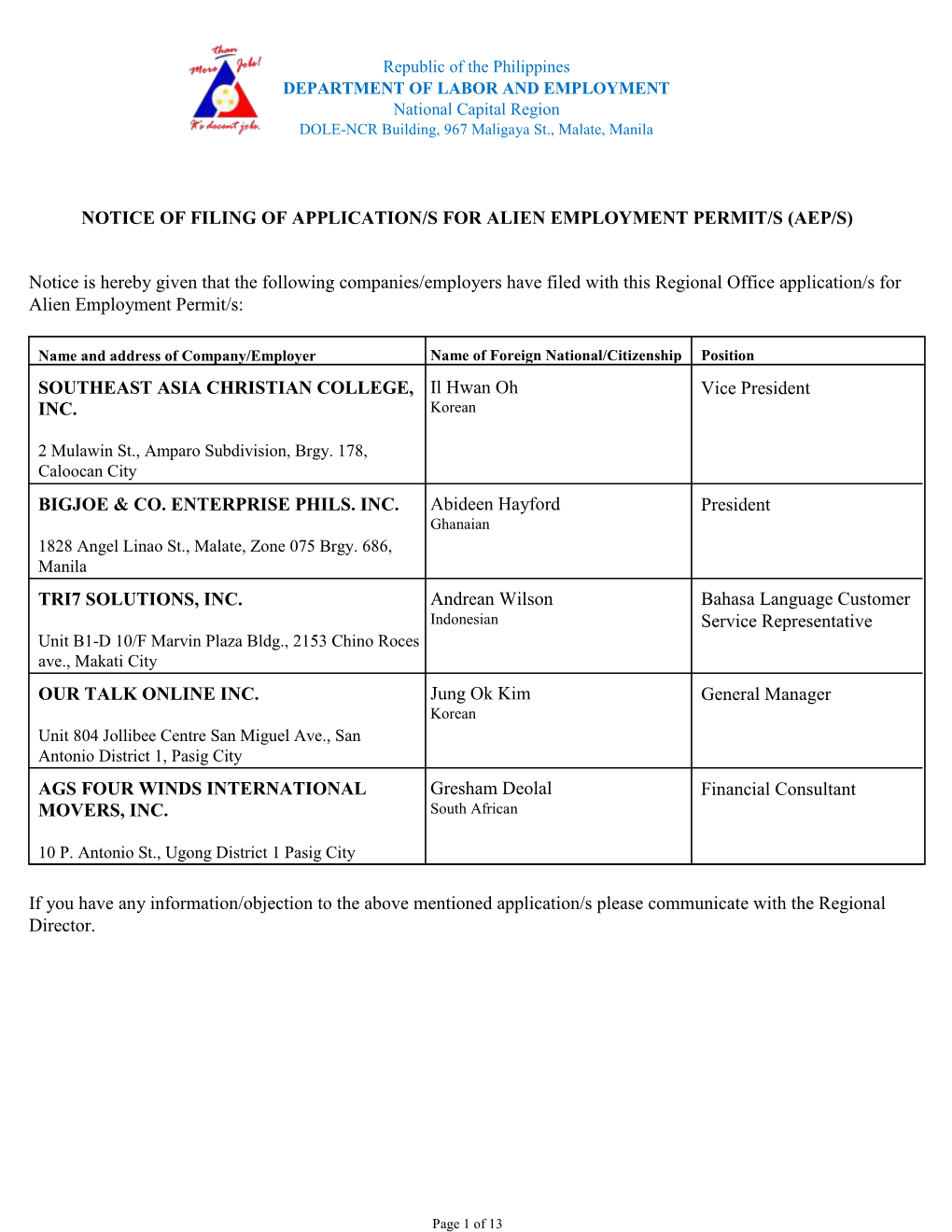 (AEP/S) Notice Is Hereby Given That the Following Companies/Empl
