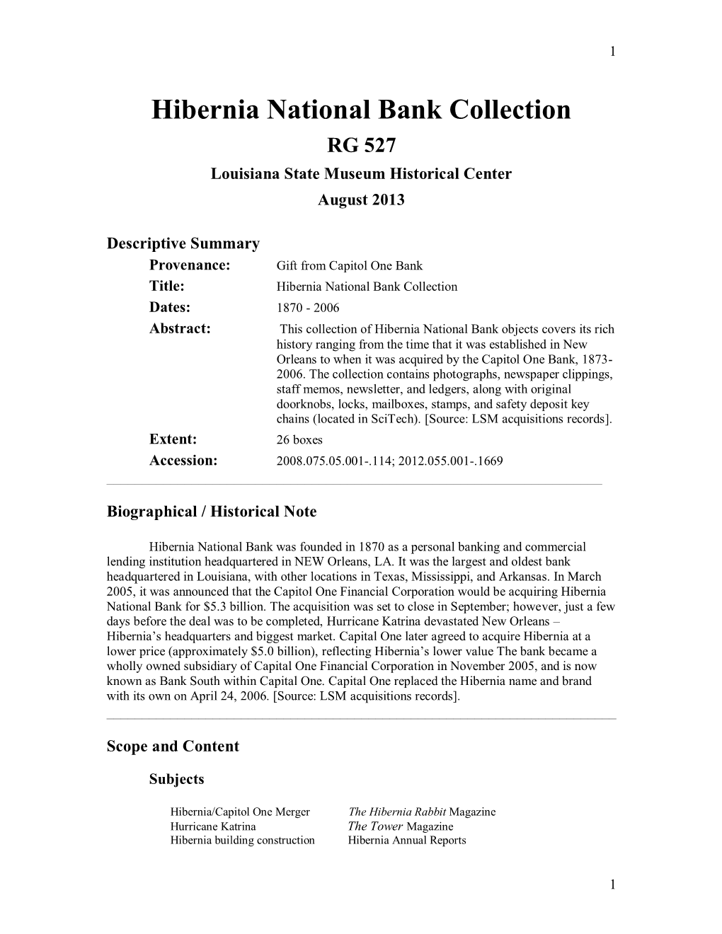 Hibernia National Bank Collection RG 527 Louisiana State Museum Historical Center August 2013