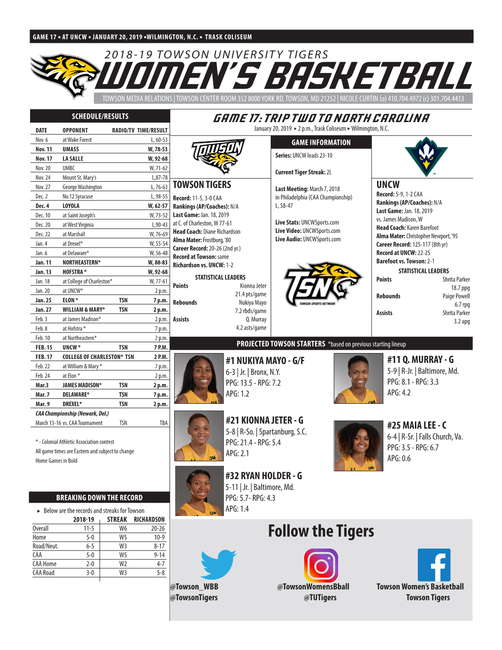 Women's Basketball 2018-19Towson Combined Team STATISTICS Statistics (As of Jan 19, 2019) All Games