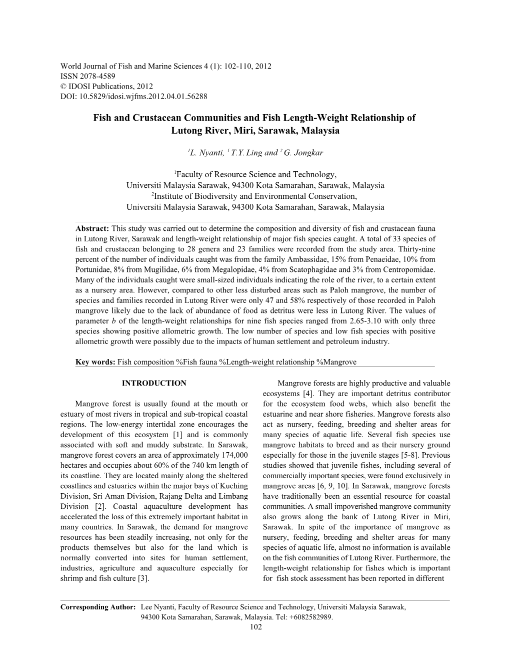 Fish Fauna Communities of the Paloh Mangrove Area, Kuala Rajang, Sa