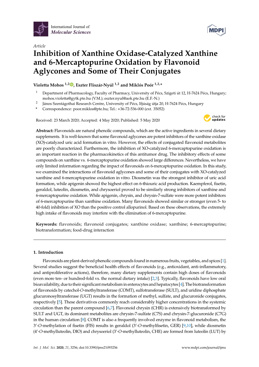 Inhibition of Xanthine Oxidase-Catalyzed Xanthine and 6-Mercaptopurine Oxidation by Flavonoid Aglycones and Some of Their Conjugates