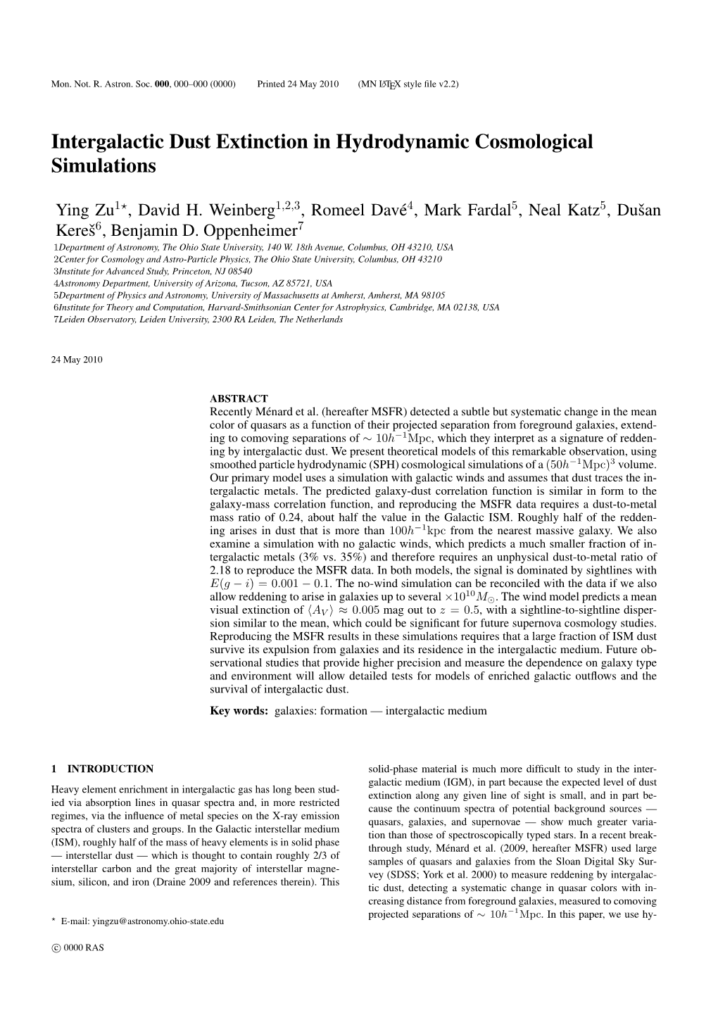 Intergalactic Dust Extinction in Hydrodynamic Cosmological Simulations