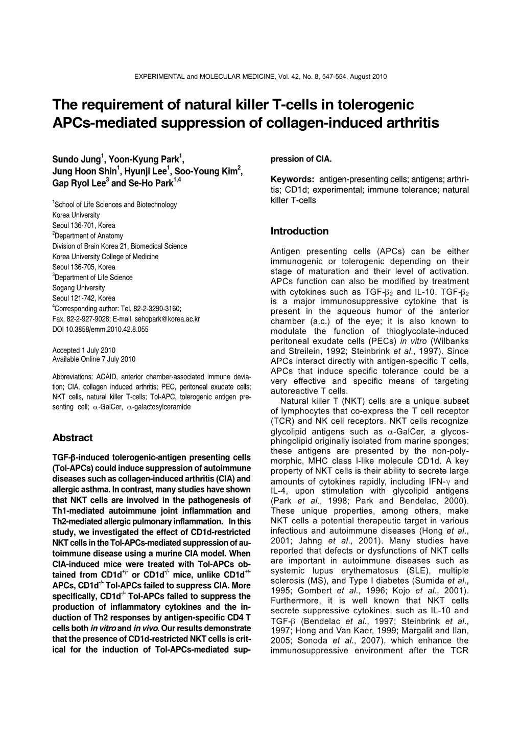 The Requirement of Natural Killer T-Cells in Tolerogenic Apcs-Mediated Suppression of Collagen-Induced Arthritis