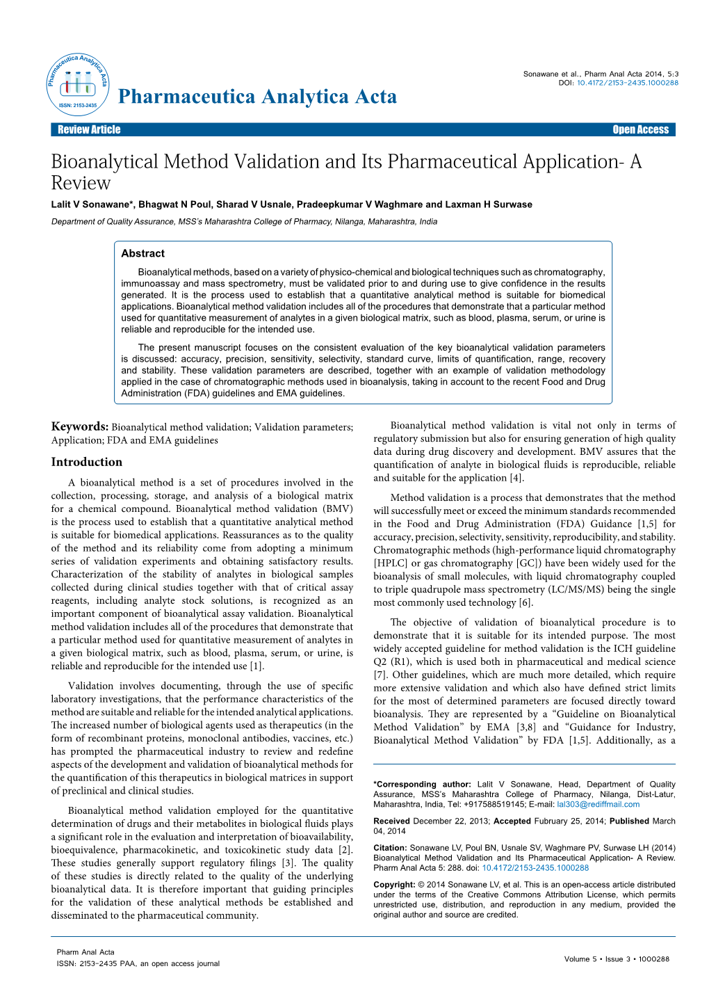 Bioanalytical Method Validation and Its Pharmaceutical Application