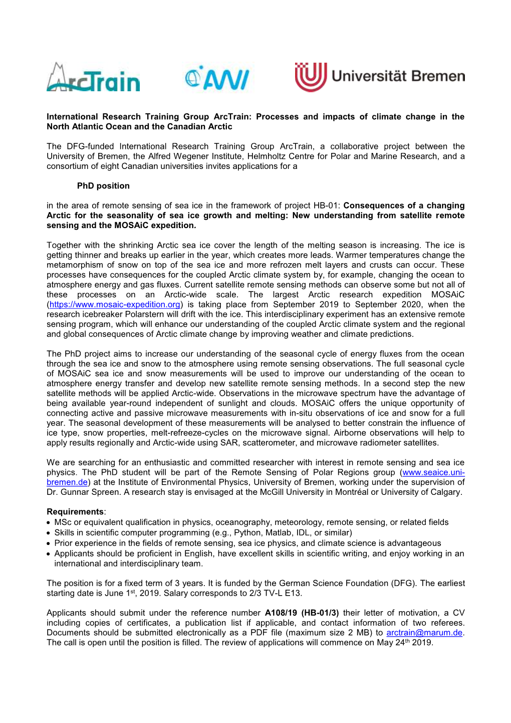 International Research Training Group Arctrain: Processes and Impacts of Climate Change in the North Atlantic Ocean and the Canadian Arctic