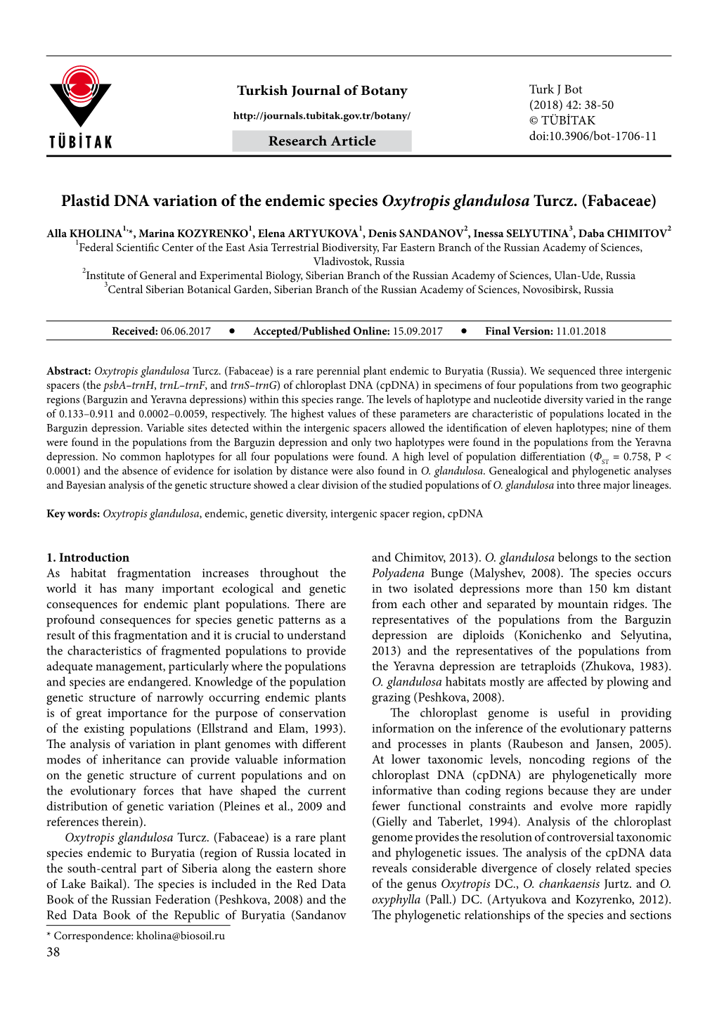 Plastid DNA Variation of the Endemic Species Oxytropis Glandulosa Turcz