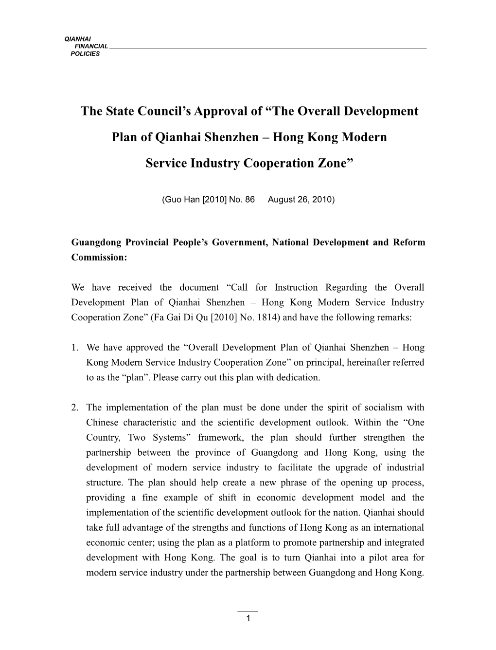 The State Council's Approval of “The Overall Development