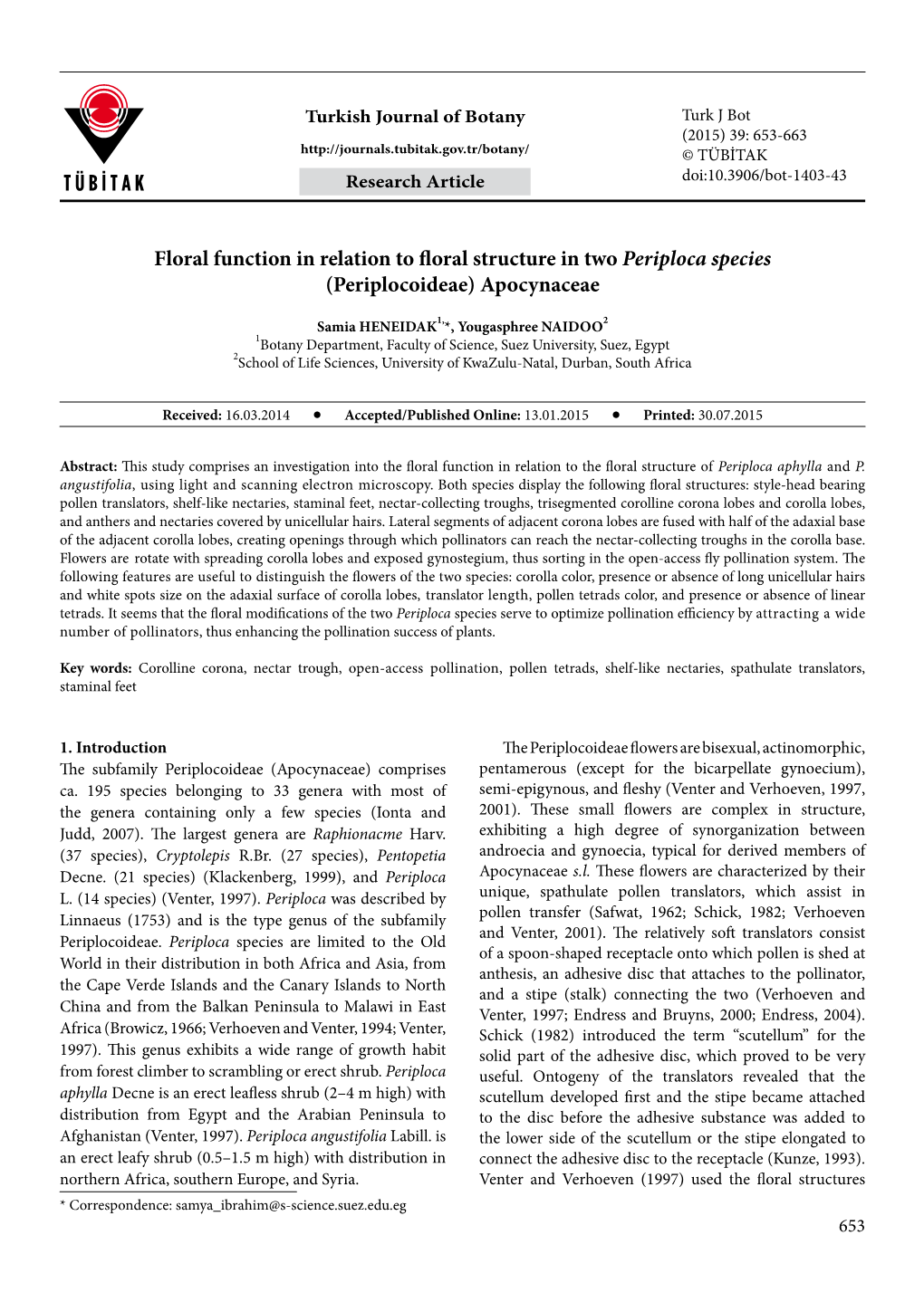 Floral Function in Relation to Floral Structure in Two Periploca Species (Periplocoideae) Apocynaceae