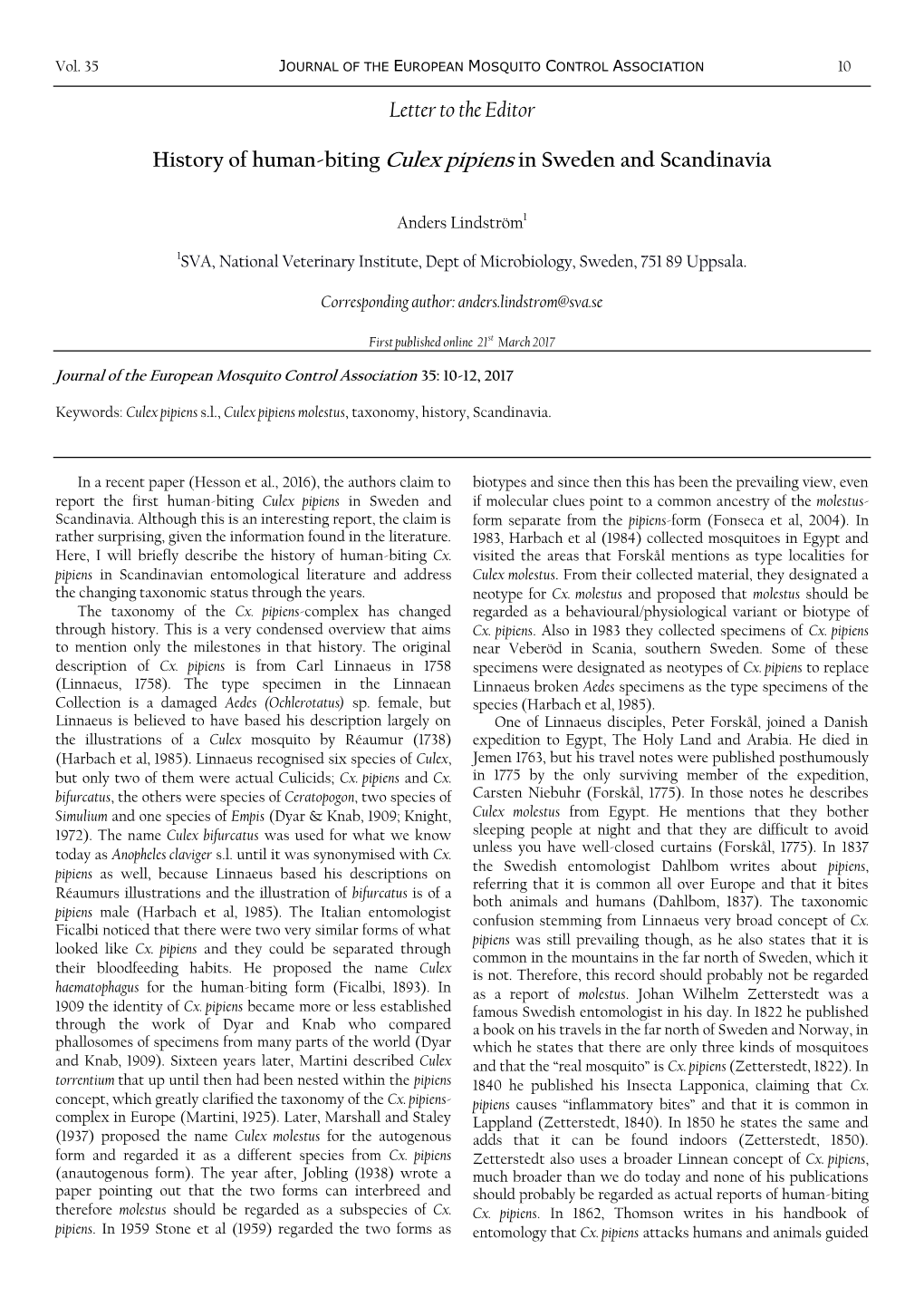 A Questionnaire on Mosquito Nuisance Incidence in Local Authority Regions