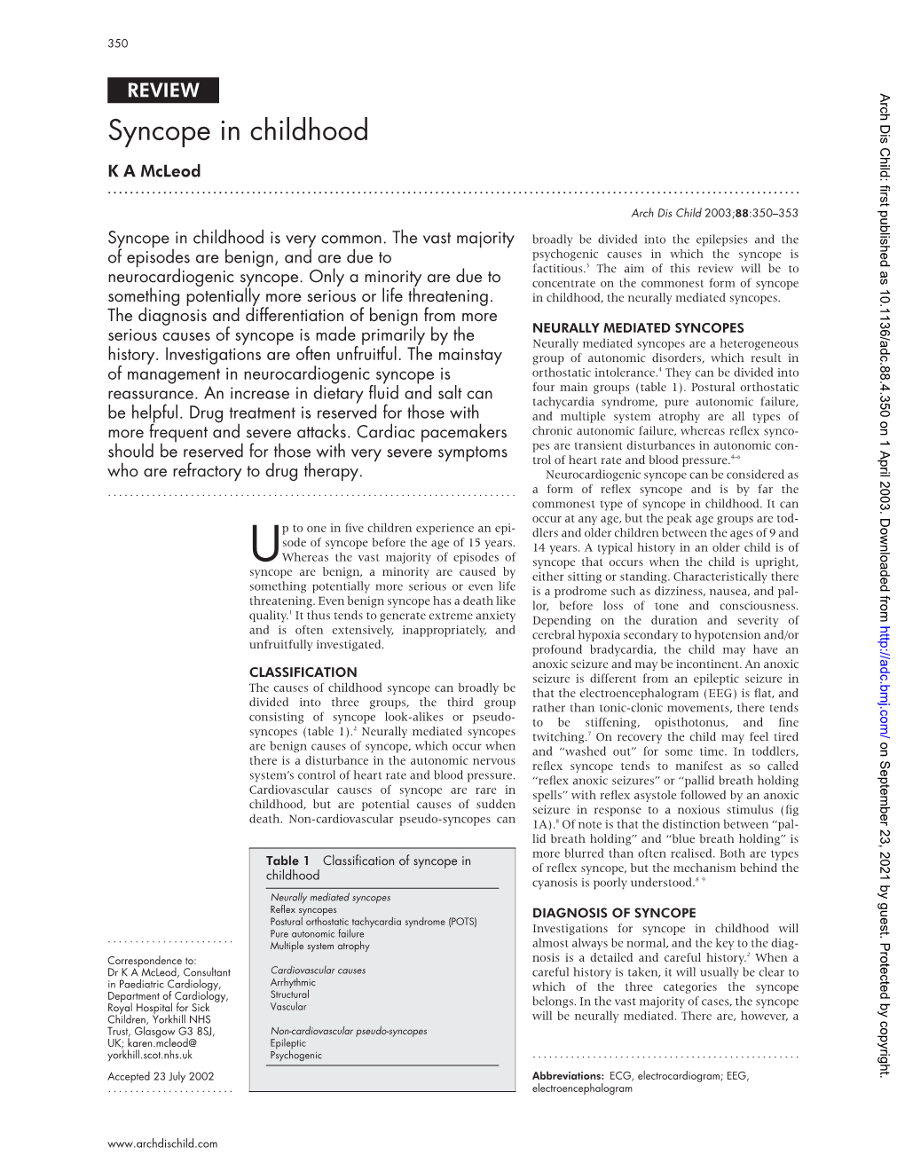 Syncope in Childhood K a Mcleod