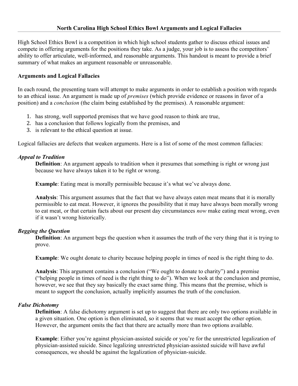 North Carolina High School Ethics Bowl Arguments and Logical Fallacies