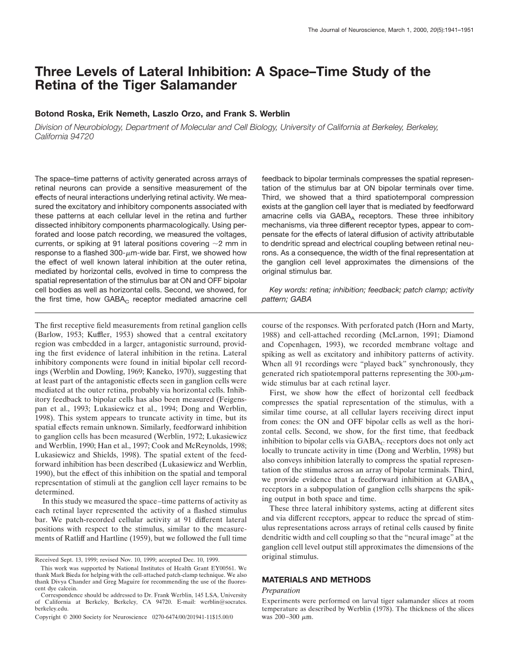 Three Levels of Lateral Inhibition: a Space–Time Study of the Retina of the Tiger Salamander