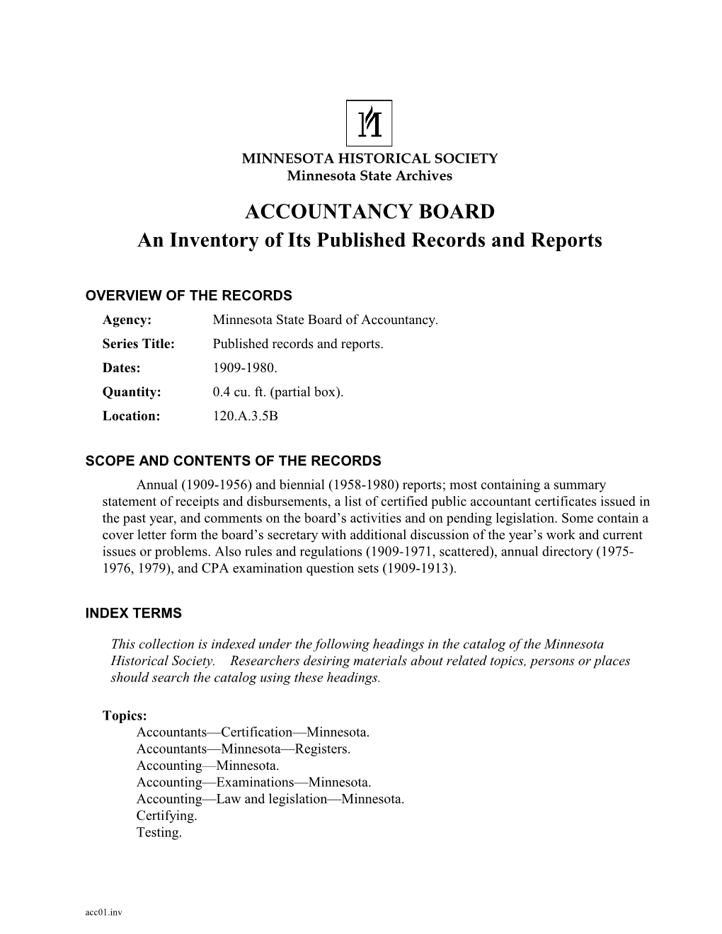 ACCOUNTANCY BOARD an Inventory of Its Published Records and Reports