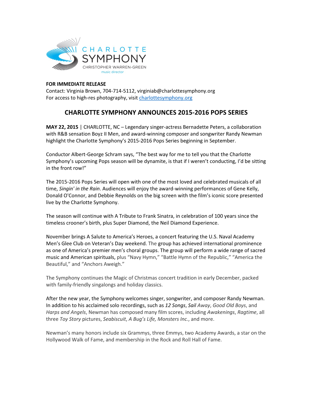 Charlotte Symphony Announces 2015-2016 Pops Series