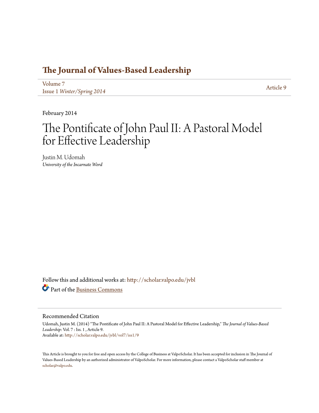 The Pontificate of John Paul II: a Pastoral Model for Effective Leadership