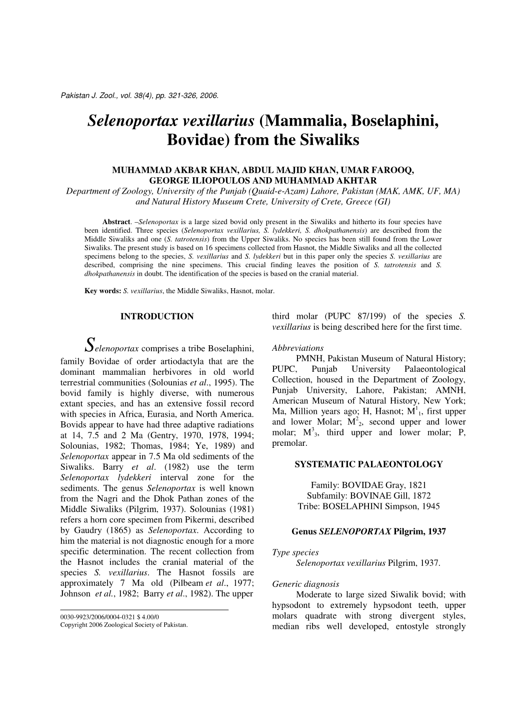 Selenoportax Vexillarius (Mammalia, Boselaphini, Bovidae) from the Siwaliks