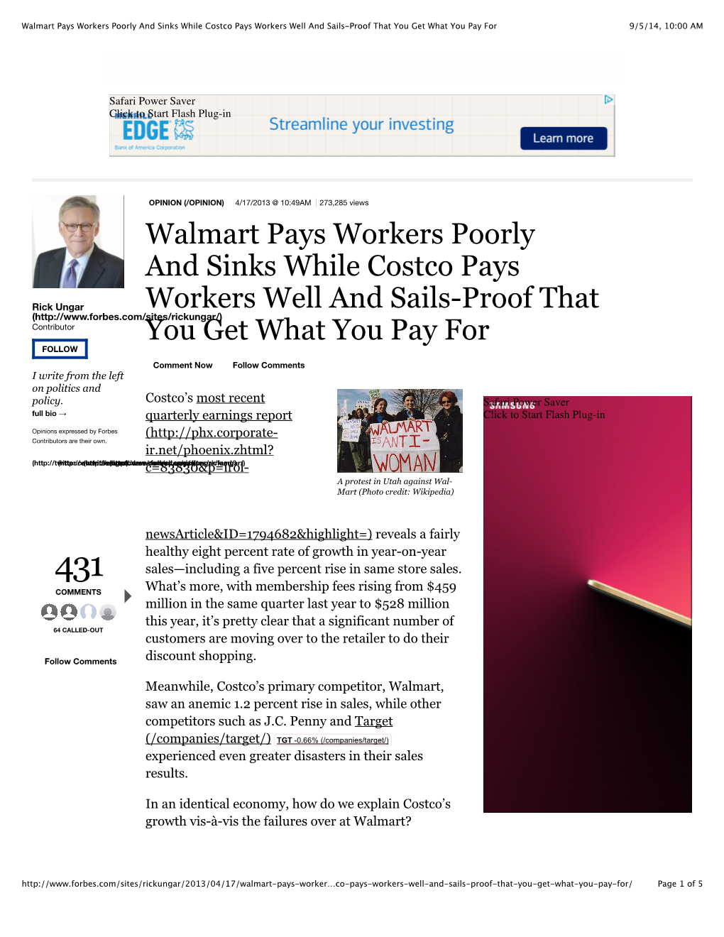 Walmart Pays Workers Poorly and Sinks While Costco Pays Workers Well and Sails-Proof That You Get What You Pay for 9/5/14, 10:00 AM