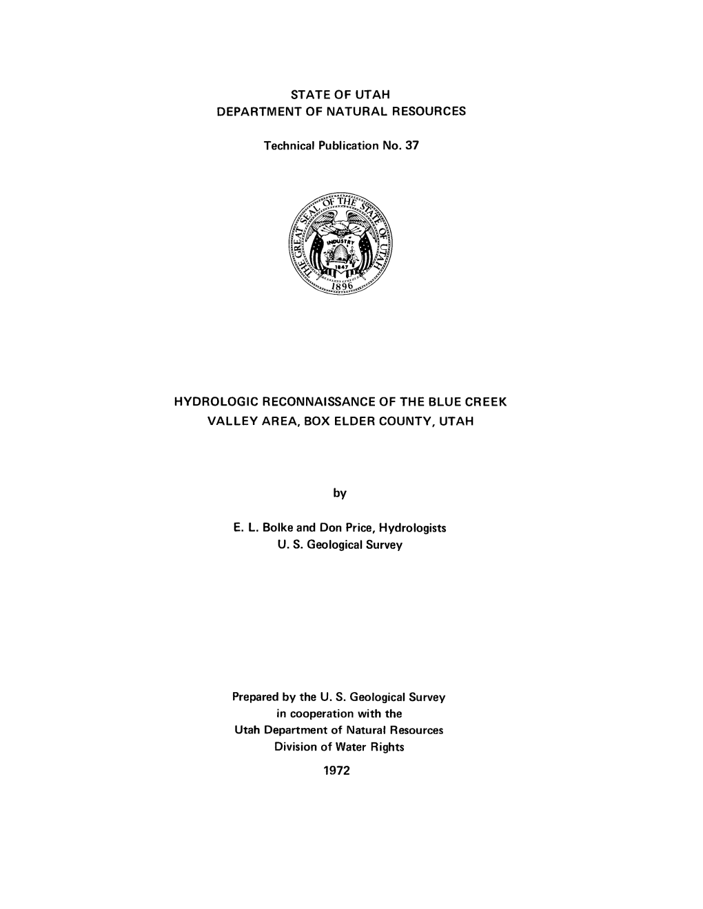 Hydrologic Reconnaissance of the Blue Creek Valley Area, Box Elder County, Utah