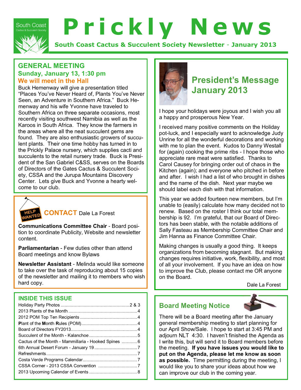 Prickly News South Coast Cactus & Succulent Society Newsletter - January 2013