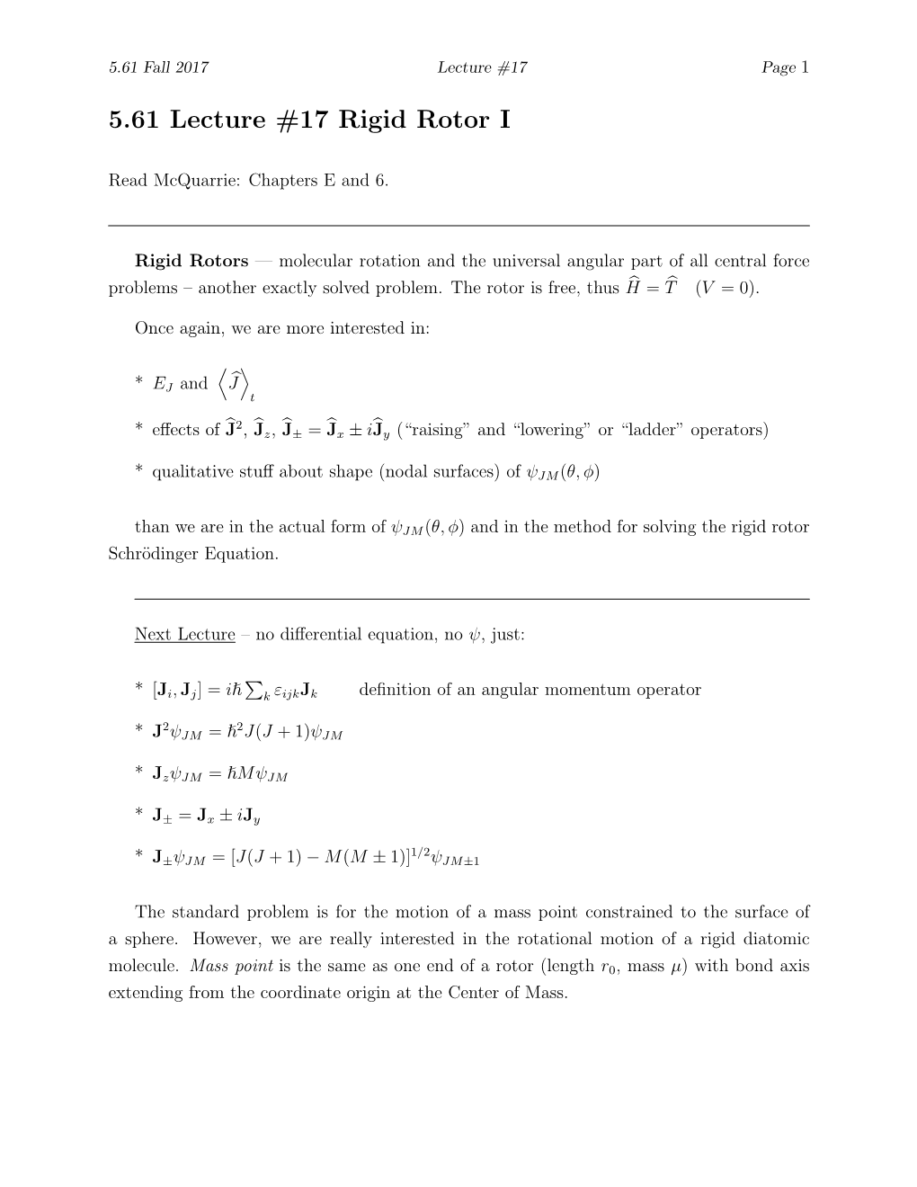 5.61 F17 Lecture 17: Rigid Rotor I