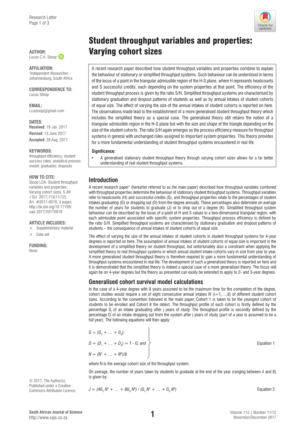 Student Throughput Variables and Properties: Varying Cohort Sizes