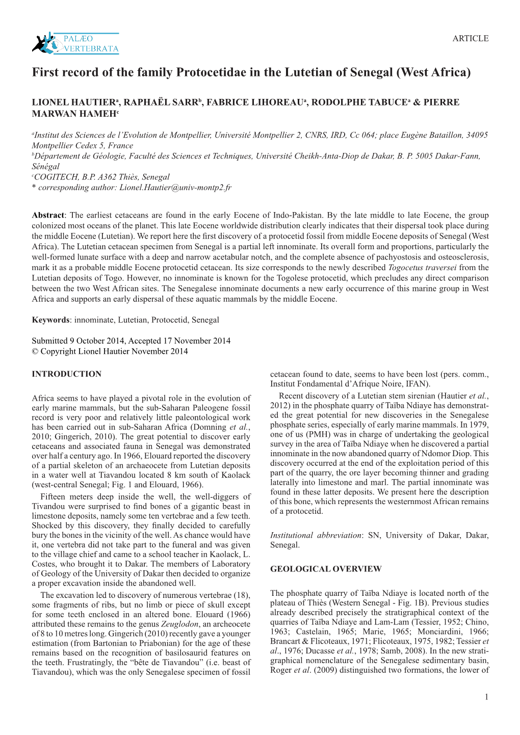 First Record of the Family Protocetidae in the Lutetian of Senegal (West Africa)