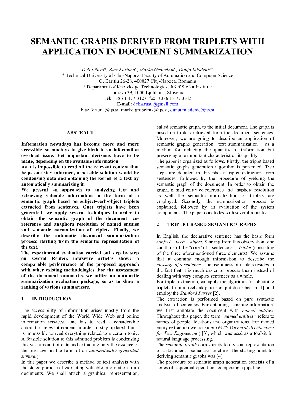 Semantic Graphs Derived from Triplets with Application in Document Summarization